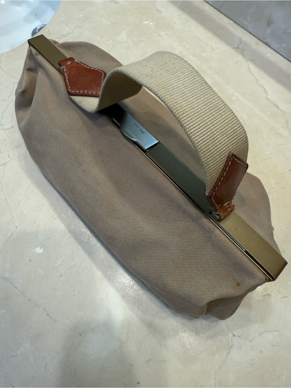 Miu Miu Beige Canvas Toiletry Bag with Leather Accents